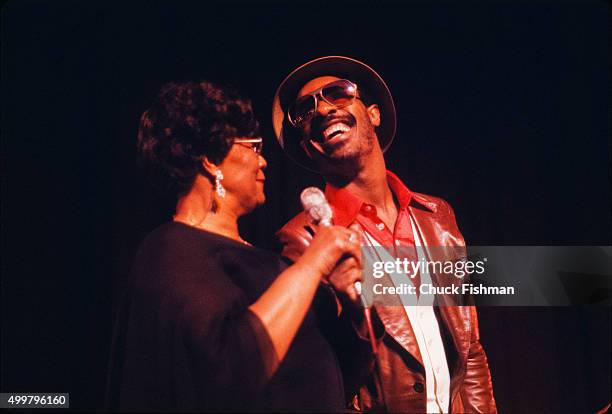 American Jazz and Pop musicians Ella Fitzgerald and Stevie Wonder onstage together at the New Orleans Jazz Festival, New Orleans, Louisiana, 1977.