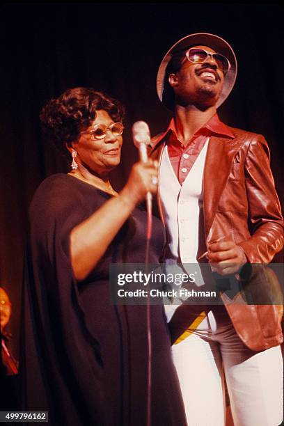 American Jazz and Pop musicians Ella Fitzgerald and Stevie Wonder onstage together at the New Orleans Jazz Festival, New Orleans, Louisiana, 1977.