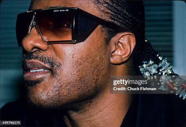 Close-up of American Jazz and Pop musician Stevie Wonder, 1986.