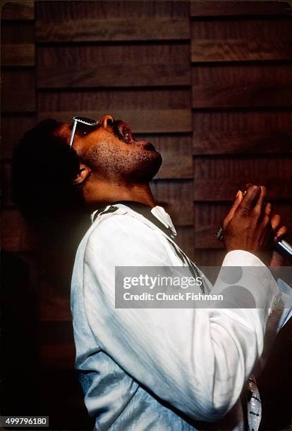 American Jazz and Pop musician Stevie Wonder performs onstage at the Rainbow Room for a private party, New York, New York, 1982.