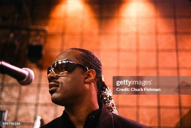 View of American Jazz and Pop musician Stevie Wonder on the set of the television soap opera 'All My Children' during a rehearsal, New York, New...