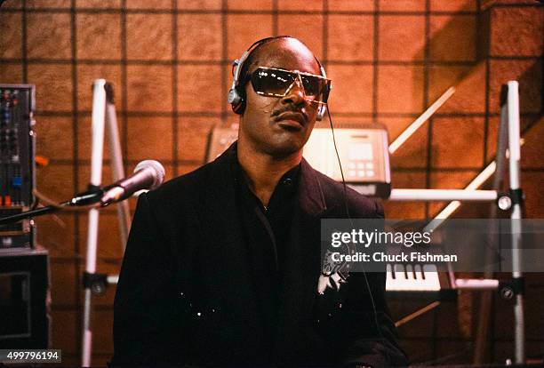 View of American Jazz and Pop musician Stevie Wonder on the set of the television soap opera 'All My Children' during a rehearsal, New York, New...