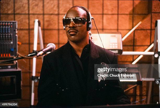 View of American Jazz and Pop musician Stevie Wonder on the set of the television soap opera 'All My Children' during a rehearsal, New York, New...