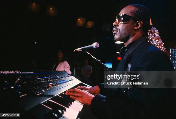 American Jazz and Pop musician Stevie Wonder plays piano on the set of the television soap opera 'All My Children' during a rehearsal, New York, New...