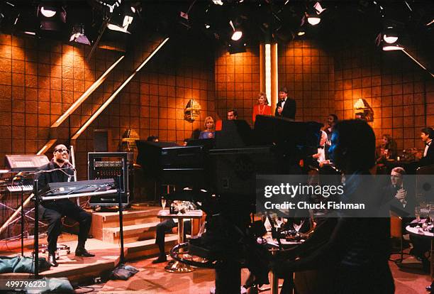 American Jazz and Pop musician Stevie Wonder plays piano during the filming of an episode of the television soap opera 'All My Children,' New York,...