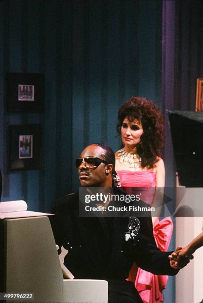 American Jazz and Pop musician Stevie Wonder sits a piano on the set of the television soap opera 'All My Children' during a rehearsal, New York, New...