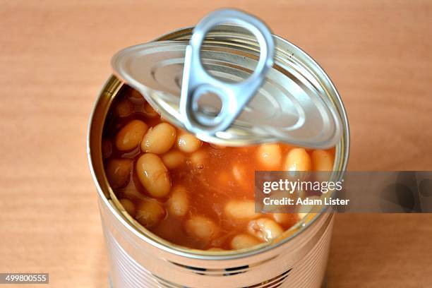 open baked bean tin - baked beans stock pictures, royalty-free photos & images