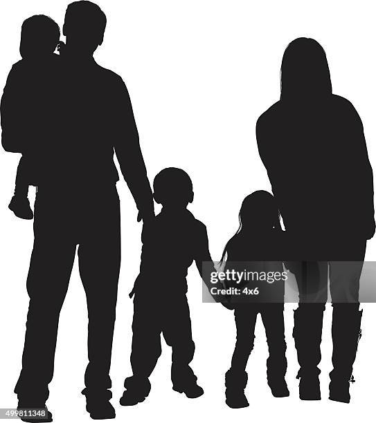 couple standing with their baby - five people white background stock illustrations