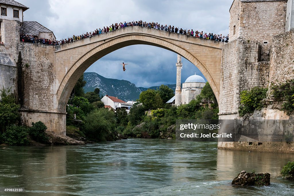 Jumping off bridge in Mostar, Bosnia and Herzegovina