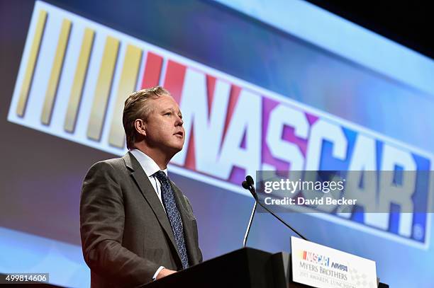 And Chairman of NASCAR Brian France speaks onstage during the 2015 NASCAR NMPA Myers Brothers Awards Luncheon at Encore Las Vegas on December 3, 2015...