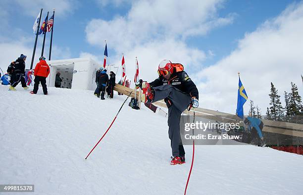 Marco Sullivan of the United States prepares for the start of a downhill training run for the Audi FIS Ski World Cup on the Birds of Prey on December...