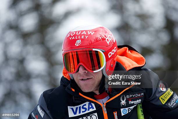 Marco Sullivan of the United States prepares for the start of a downhill training run for the Audi FIS Ski World Cup on the Birds of Prey on December...