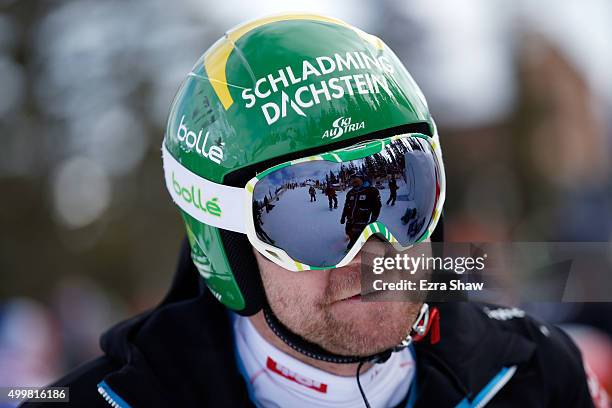 Klaus Kroell of Austria prepares for the start of a downhill training run for the Audi FIS Ski World Cup on the Birds of Prey on December 3, 2015 in...