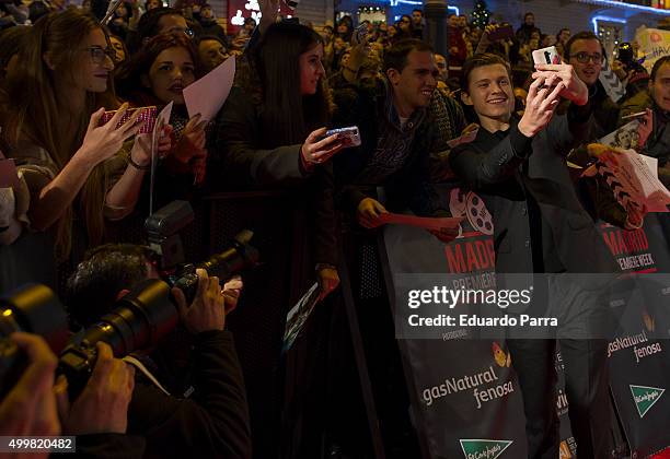 Actor Tom Holland attends 'En el corazon del mar' premiere at Callao cinema on December 3, 2015 in Madrid, Spain.