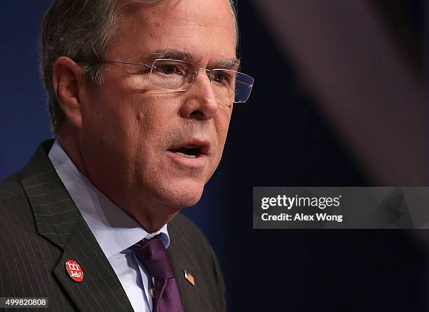 Republican presidential candidate and former Florida Governor Jeb Bush addresses the Republican Jewish Coalition at the Ronald Reagan Building and...