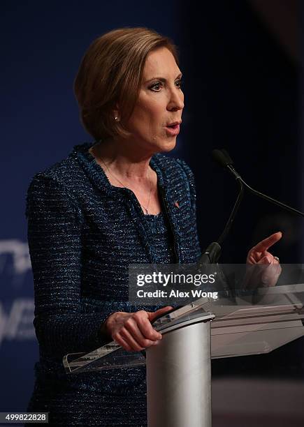 Republican presidential candidate Carly Fiorina addresses the Republican Jewish Coalition at Ronald Reagan Building and International Trade Center...