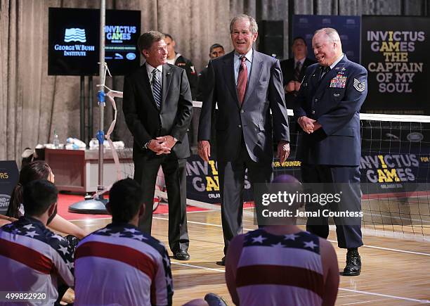 Chairman and CEO of Invictus Games Orlando Ken Fisher, former President George W. Bush and Technical Sergeant Israel Del Toro speak to aspiring...