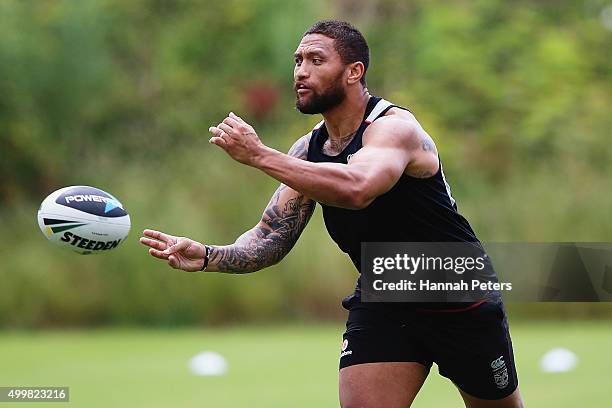 Manu Vatuvei runs through drills during a New Zealand Warriors NRL media and training session at Mt Smart Stadium on December 4, 2015 in Auckland,...