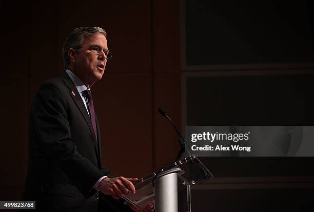 Republican presidential candidate and former Florida Gov. Jeb Bush addresses the Republican Jewish Coalition at Ronald Reagan Building and...