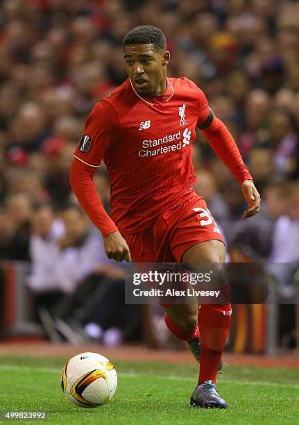 Jordon Ibe of Liverpool during the UEFA Europa League match between Liverpool FC and FC Girondins de Bordeaux at Anfield on November 26, 2015 in...