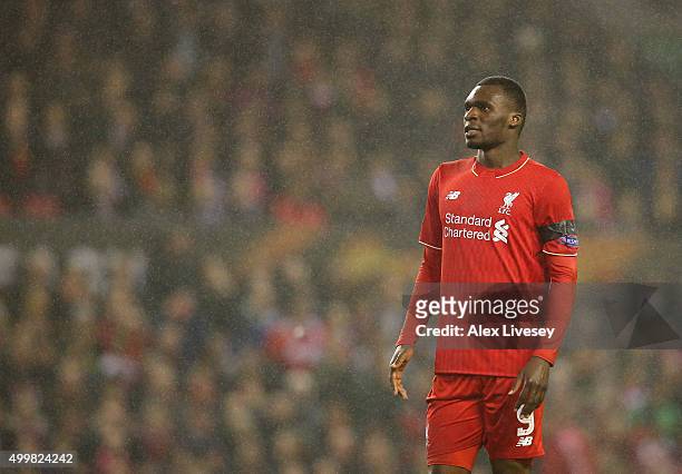Christian Benteke of Liverpool looks on during the UEFA Europa League match between Liverpool FC and FC Girondins de Bordeaux at Anfield on November...