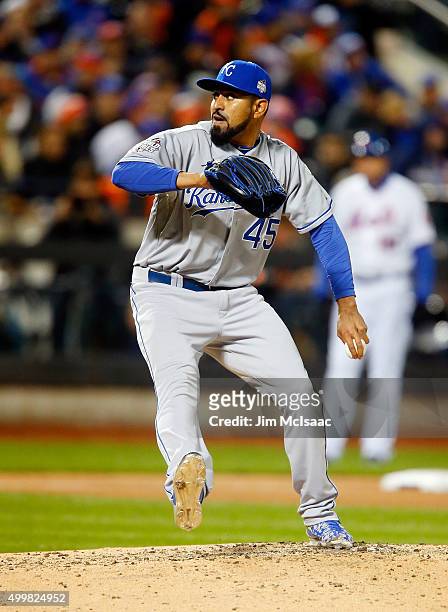 Franklin Morales of the Kansas City Royals in action against the New York Mets during game three of the 2015 World Series at Citi Field on October...