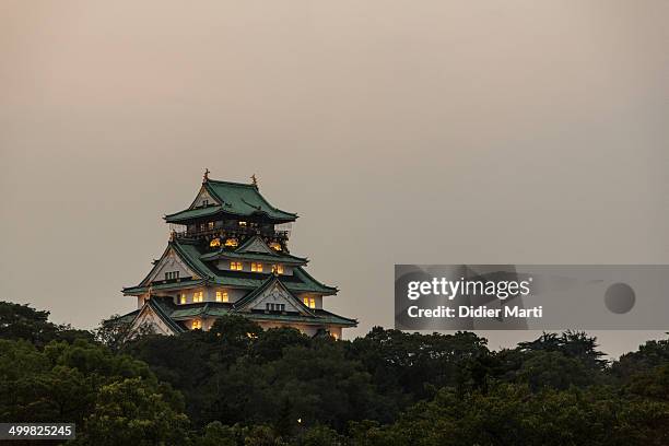 Night and distant view of the Osaka castle in Kansai. Osaka is Japan third biggest city and its castle its main landmark.