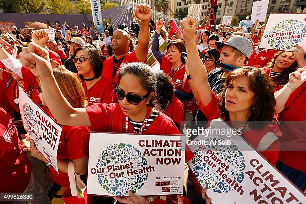 Registered nurses from California Nurses Association and National Nurses United on Thursday December 03, 2015 rallied at Pershing Square in Los...