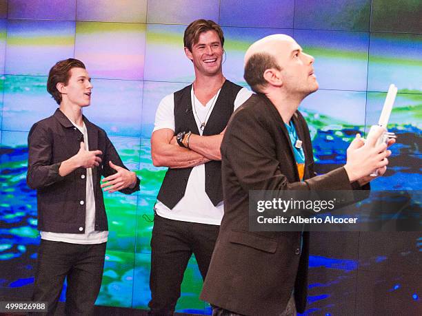 Chris Hemsworth and Tom Holland attend 'El Hormiguero' TV Show on December 3, 2015 in Madrid, Spain.