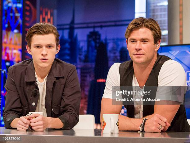 Chris Hemsworth and Tom Holland attend 'El Hormiguero' TV Show on December 3, 2015 in Madrid, Spain.