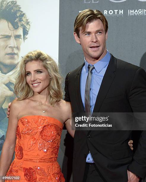 Elsa Pataky and Chris Hemsworth attend the 'In The Heart Of The Sea' Premiere at Callao Cinema on December 3, 2015 in Madrid, Spain.