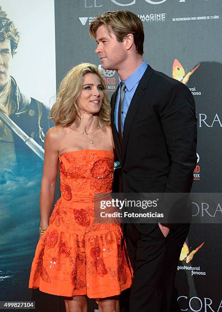 Elsa Pataky and Chris Hemsworth attend the 'In The Heart Of The Sea' Premiere at Callao Cinema on December 3, 2015 in Madrid, Spain.