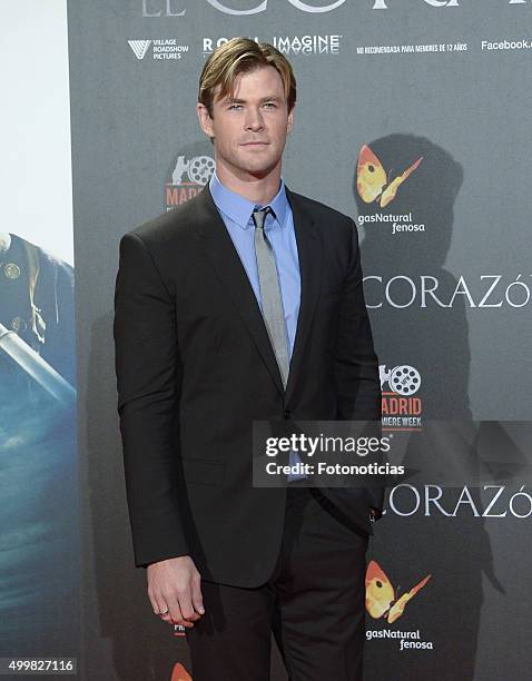 Chris Hemsworth attends the 'In The Heart Of The Sea' Premiere at Callao Cinema on December 3, 2015 in Madrid, Spain.