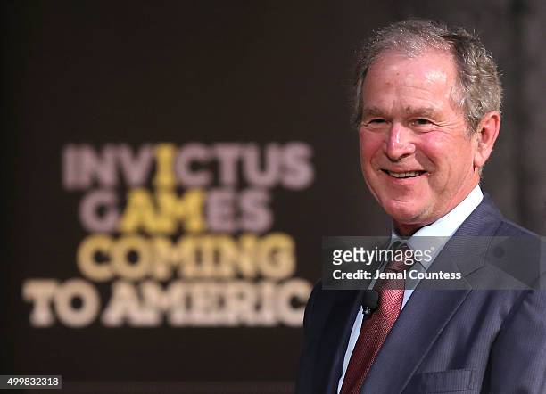 Former President George W. Bush speaks to aspiring Invictus competitors during an event to announce a major initiative prior to the 2016 Invictus...