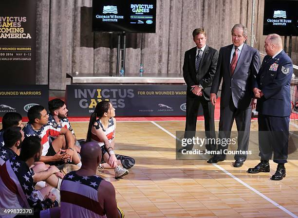 Chairman and CEO of Invictus Games Orlando Ken Fisher, former President George W. Bush and Technical Sergeant Israel Del Toro speak to aspiring...