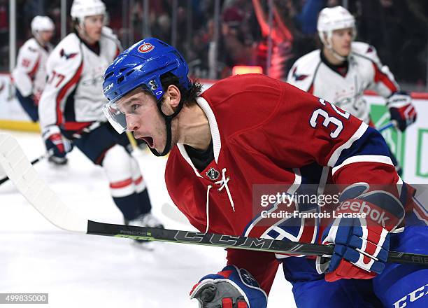 Brian Flynn of the Montreal Canadiens celebrates after scoring a goal the Washington Capitals in the NHL game at the Bell Centre on December 3, 2015...