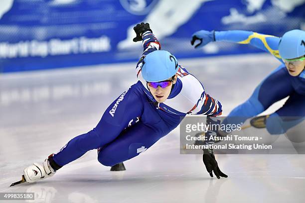 Dmitry Migunov of Russia competes in the Men's 500m preliminaries on day one of the ISU World Cup Short Track Speed Skating 2015 Nagoya at the Nippon...