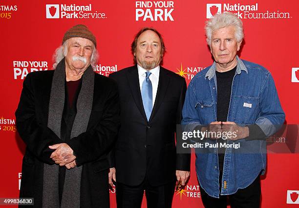 David Crosby, Stephen Stills and Graham Nash of CSN attend the 93rd Annual National Christmas Tree Lighting at The Ellipse on December 3, 2015 in...