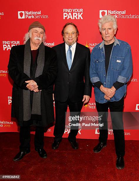 David Crosby, Stephen Stills and Graham Nash of CSN attend the 93rd Annual National Christmas Tree Lighting at The Ellipse on December 3, 2015 in...