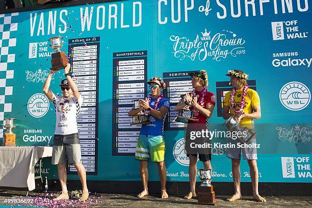 Finalists Mick Fanning of Australia, Julian Wilson of Australia, John John Florence of Hawaii and Matt Wilkinson of Australia on December 3, 2015 in...