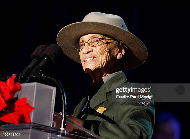 Park Ranger Betty Reid Saskin speaks during the 93rd Annual National Christmas Tree Lighting at The Ellipse on December 3, 2015 in Washington, DC.