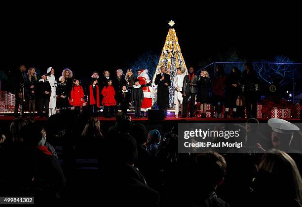 President Barack Obama onstage during the finale of the 93rd Annual National Christmas Tree Lighting at The Ellipse on December 3, 2015 in...