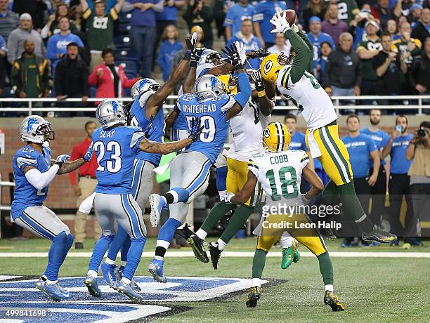 Richard Rodgers of the Green Bay Packers catches a fourth quarter touchdown to win the game 27-23 over the Detroit Lions on December 3 2015 at Ford...