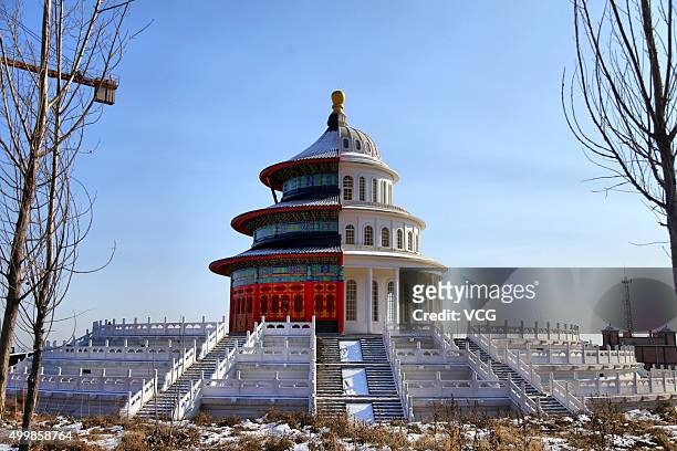 Building with half Chinese temple and half western architecture is under construction in a new studio park on December 3, 2015 in Shijiazhuang, Hebei...