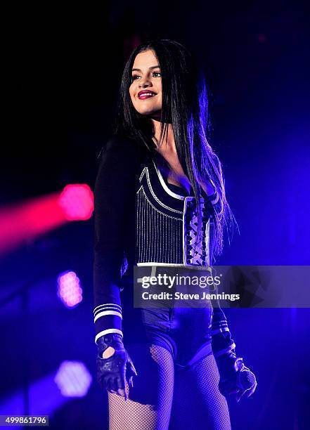 Singer Selena Gomez performs onstage during WiLD 94.9's FM's Jingle Ball 2015 presented by Capital One at ORACLE Arena on December 3, 2015 in...