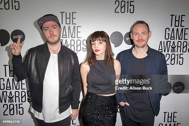 Martin Doherty, Lauren Mayberry and Iain Cook of Chvrches arrives at The Game Awards 2015 - Arrivals at Microsoft Theater on December 3, 2015 in Los...