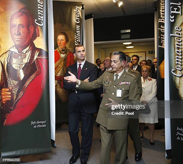 Spanish King Felipe VI attends the exhibition 'Bernardo de Galvez and the presence of Spain in Mexico and the United States' with Lieutenant Colonel...