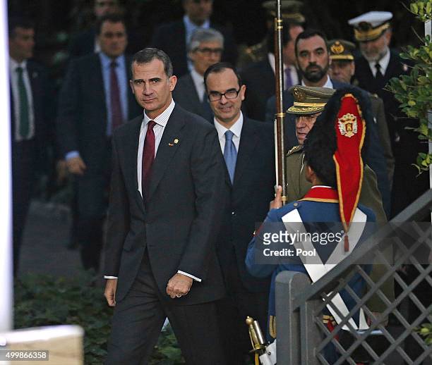 Spanish King Felipe VI attends the exhibition 'Bernardo de Galvez and the presence of Spain in Mexico and the United States' held at America House of...