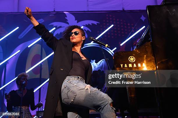 Singer Alicia Keys performs onstage at The Dean Collection X BACARDI Untameable House Party on December 3, 2015 in Miami, Florida.