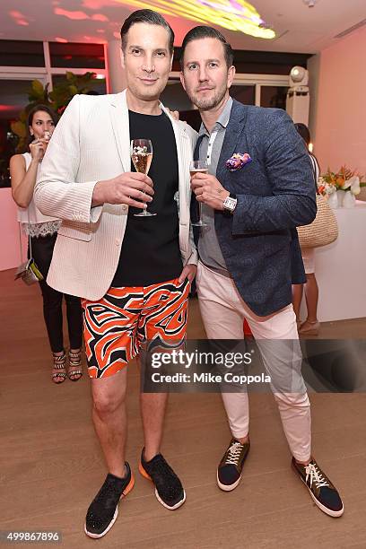 Cameron Silver and Patrick Teague attend the Raspoutine Paris Pop-Up At L'Eden By Perrier Jouet at Penthouse at the Faena Hotel Miami Beach on...